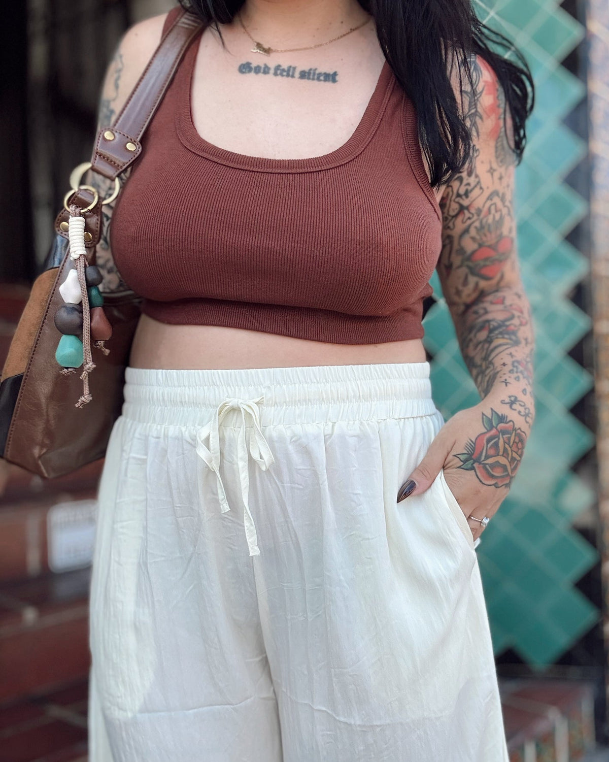 Lace Trim Barrel Pants - Cream - Burnout