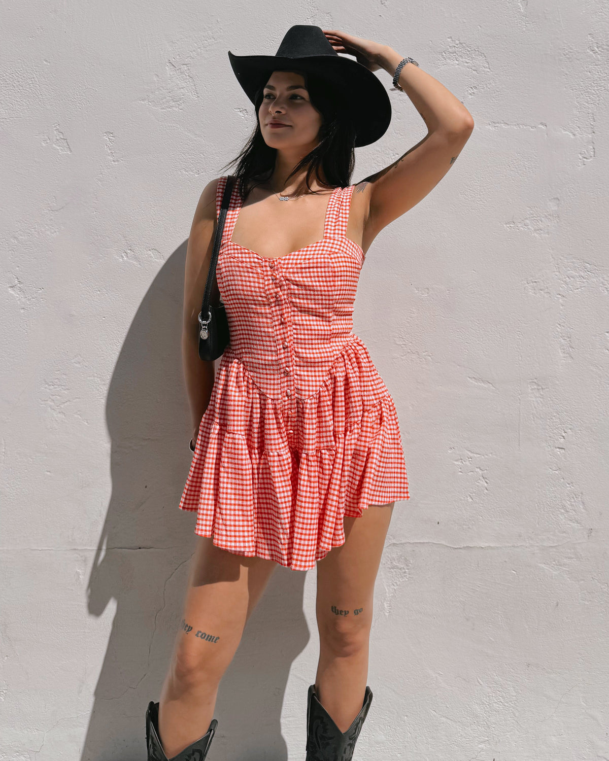 Gingham Romper Dress - Red - Burnout