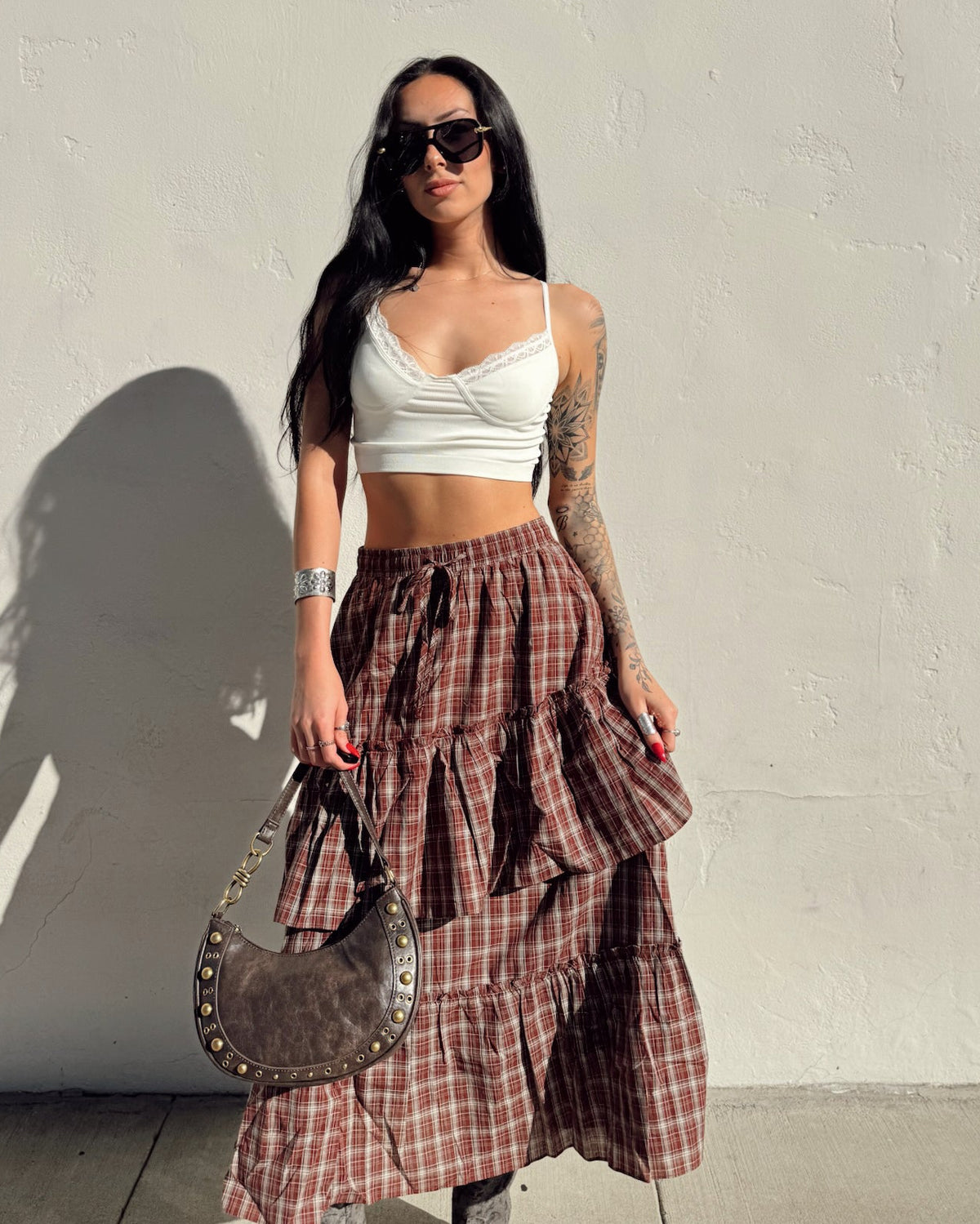 Plaid Tiered Ruffle Maxi Skirt - Burnout