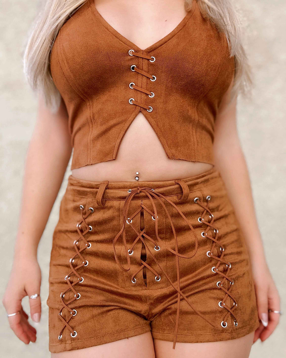 Suede Lace Up Shorts - Tan