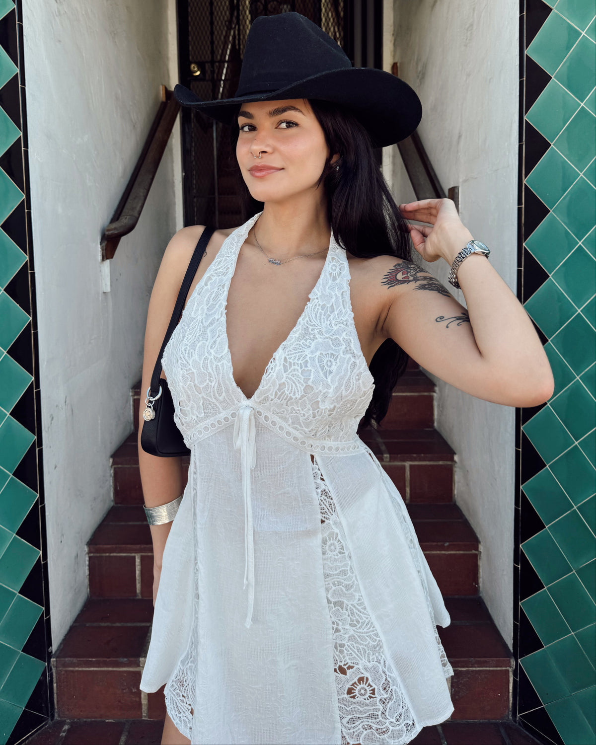 Lace Trim Halter Mini Dress - Burnout