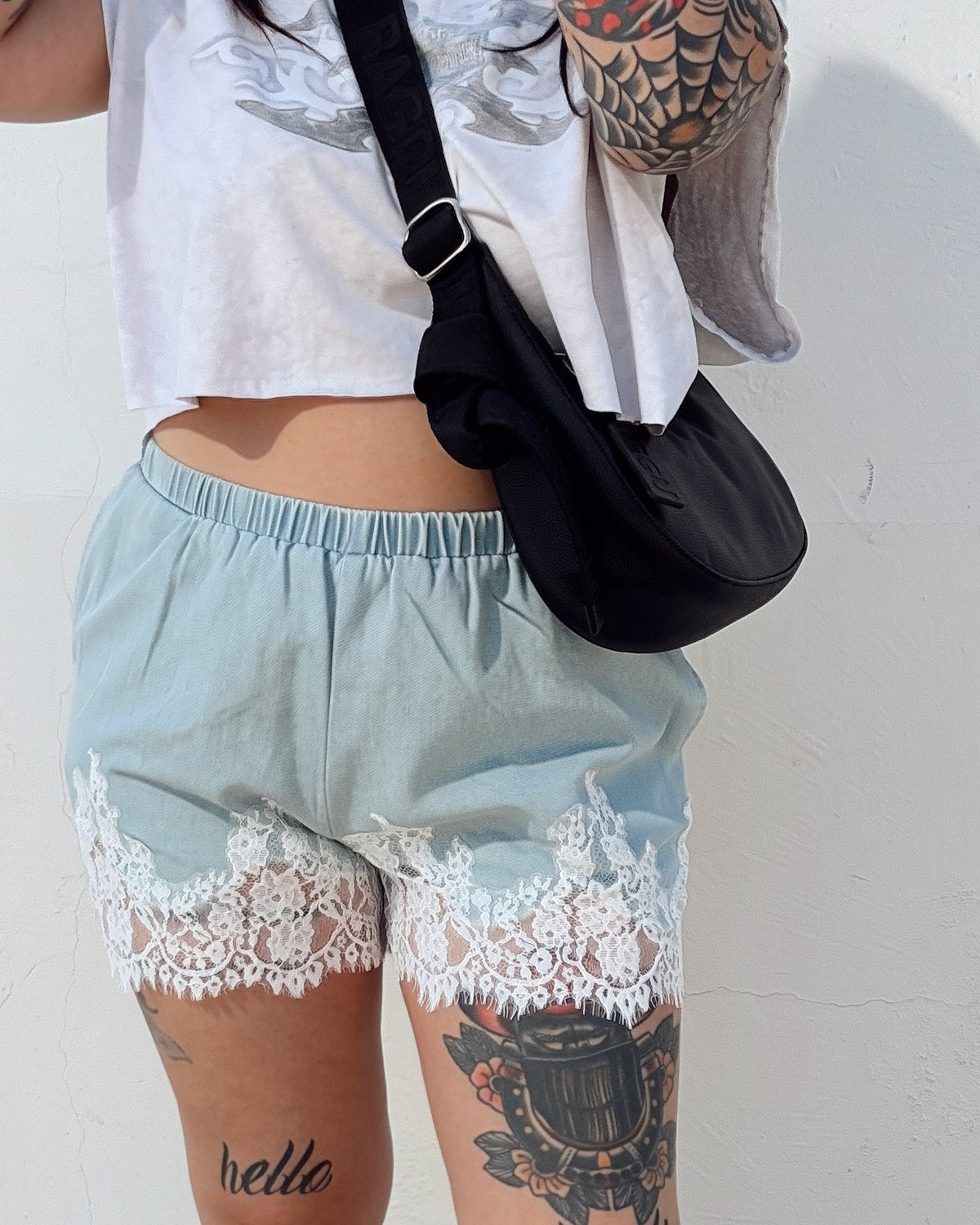 Lace Trim Denim Shorts - Burnout