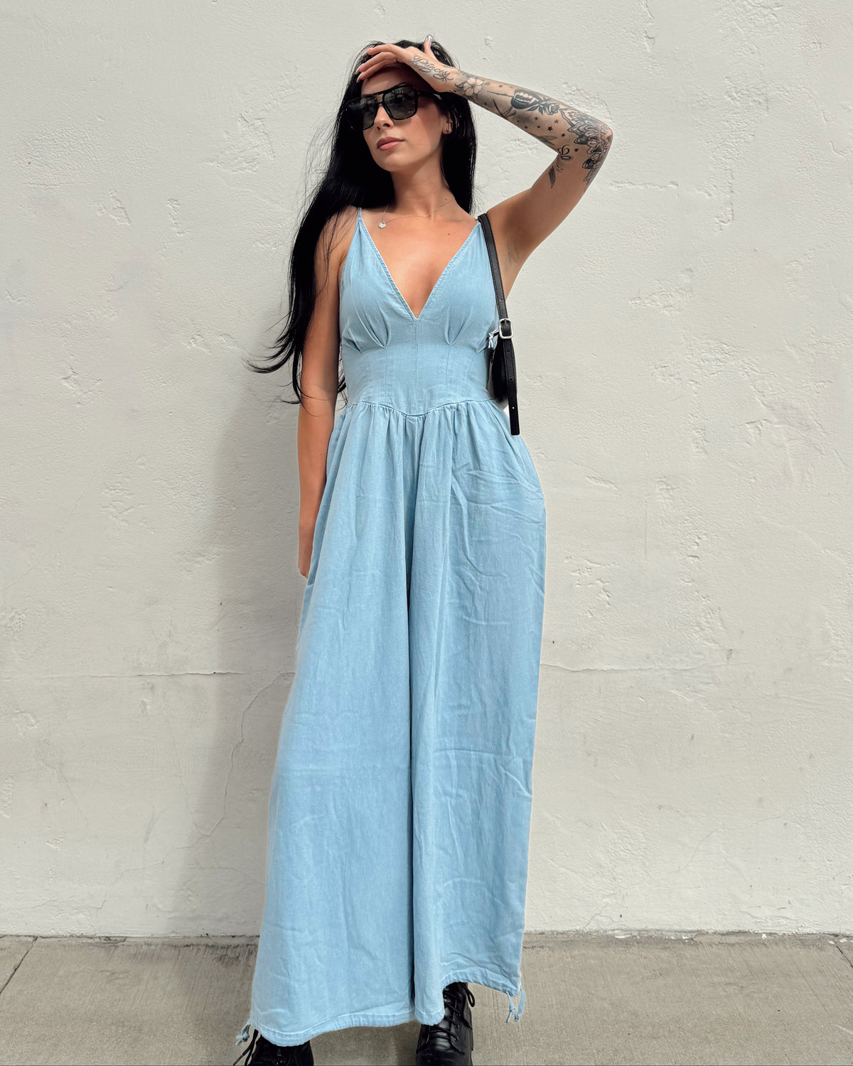 Denim Corset Top Jumpsuit - Burnout