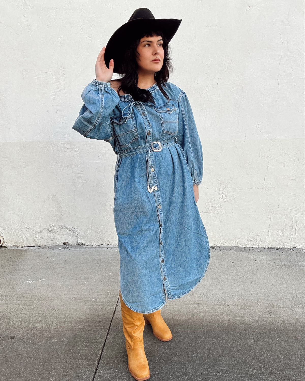 Off The Shoulder Denim Midi Dress - Burnout