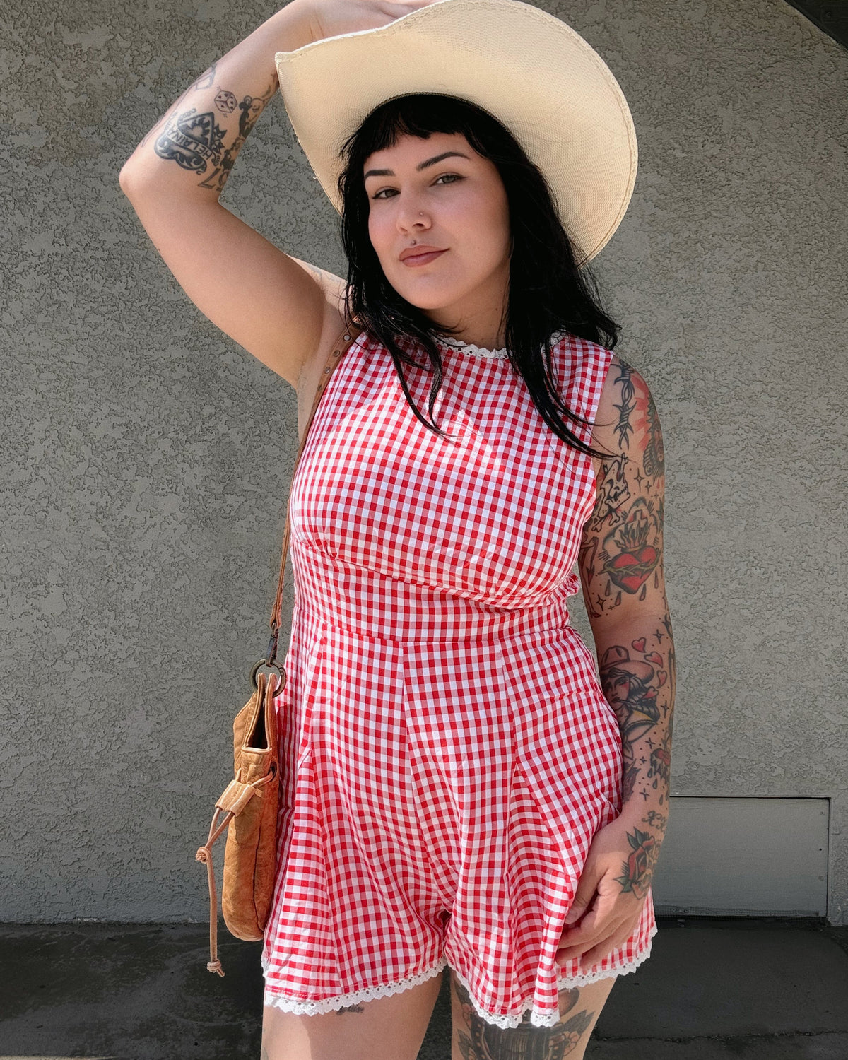 Lace Trim Gingham Romper - Burnout