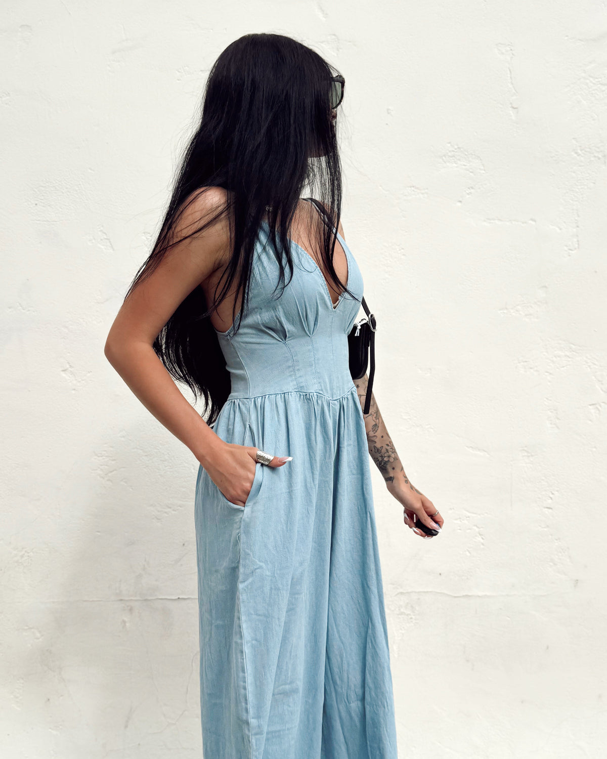Denim Corset Top Jumpsuit - Burnout