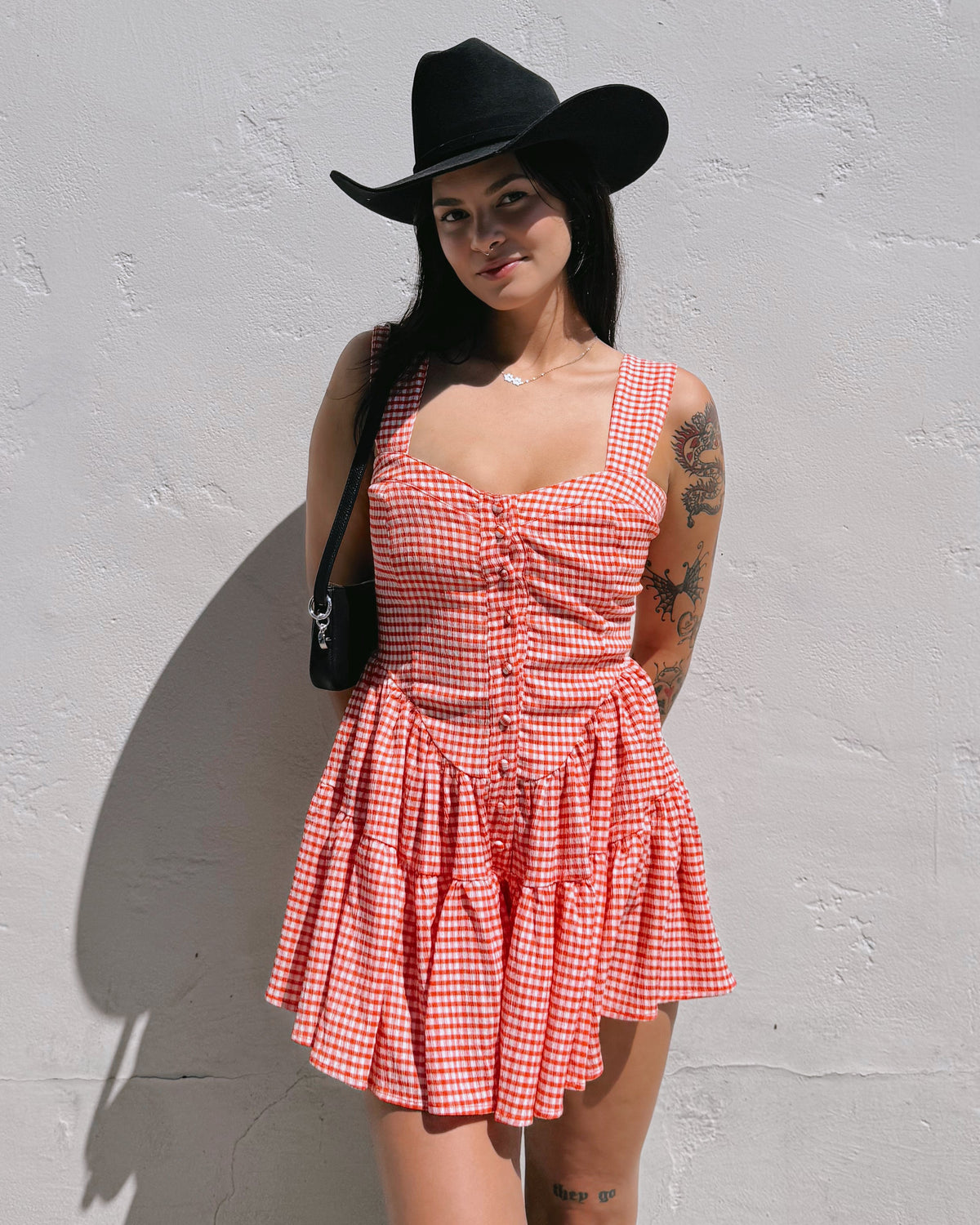 Gingham Romper Dress - Red - Burnout