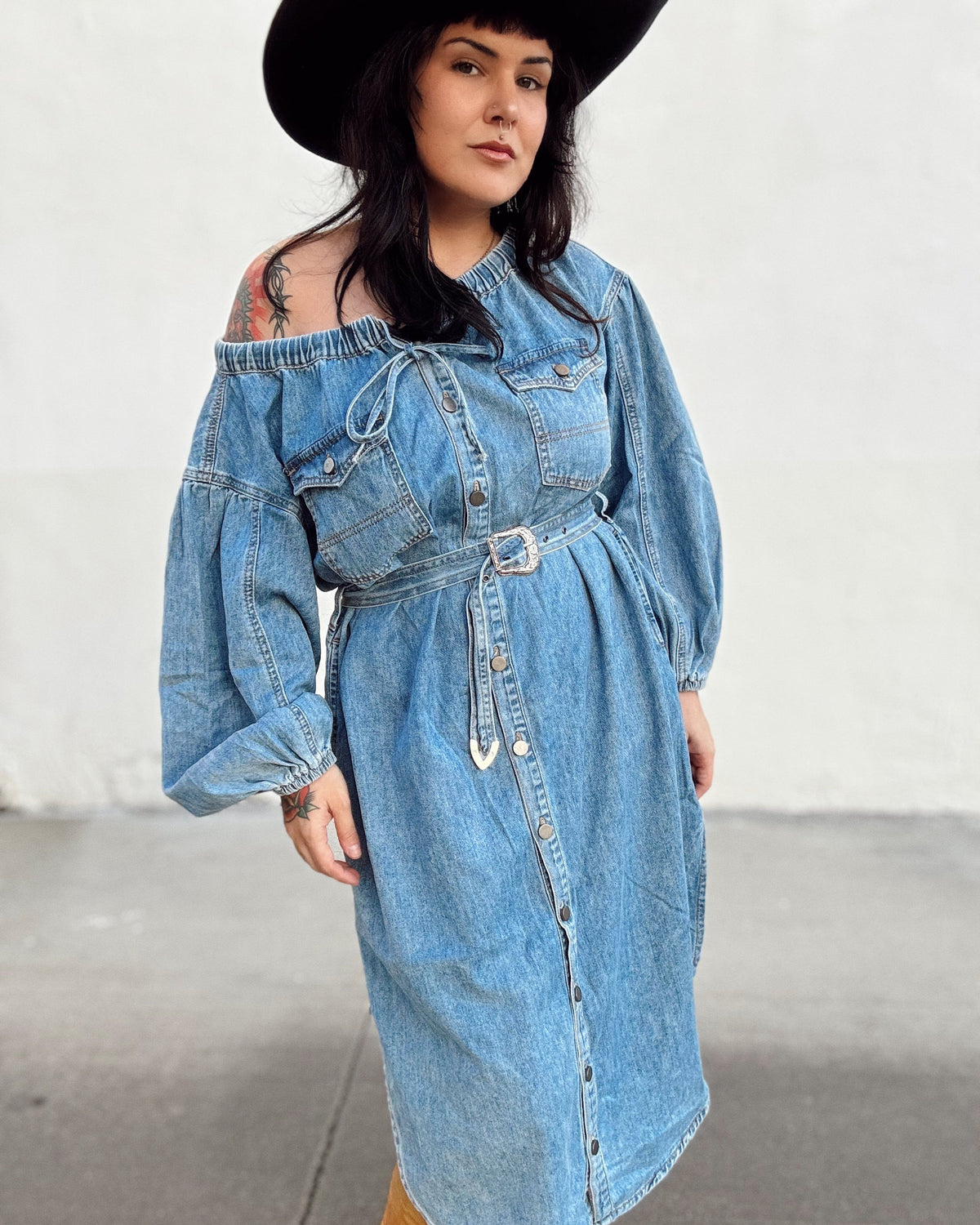 Off The Shoulder Denim Midi Dress - Burnout