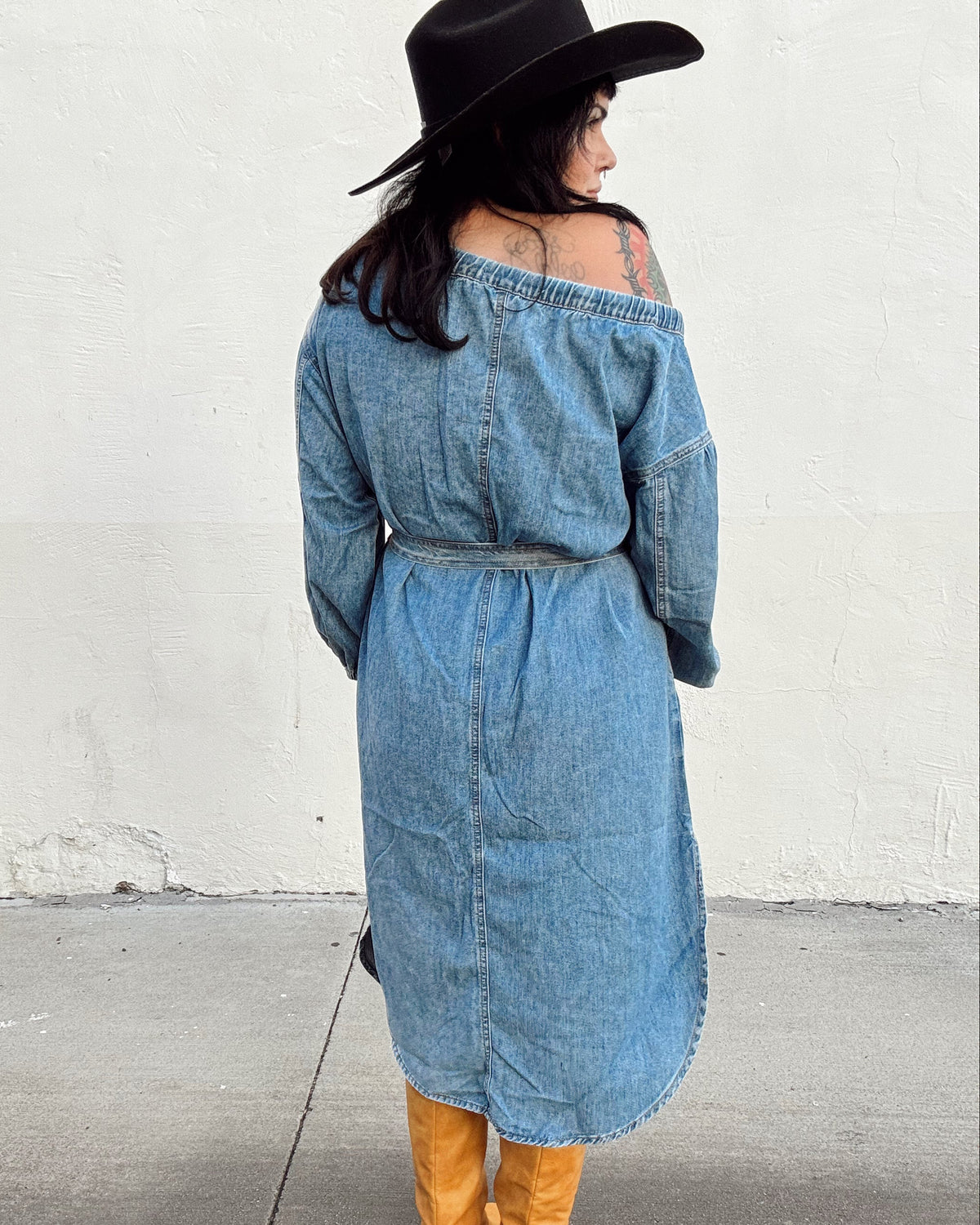 Off The Shoulder Denim Midi Dress - Burnout