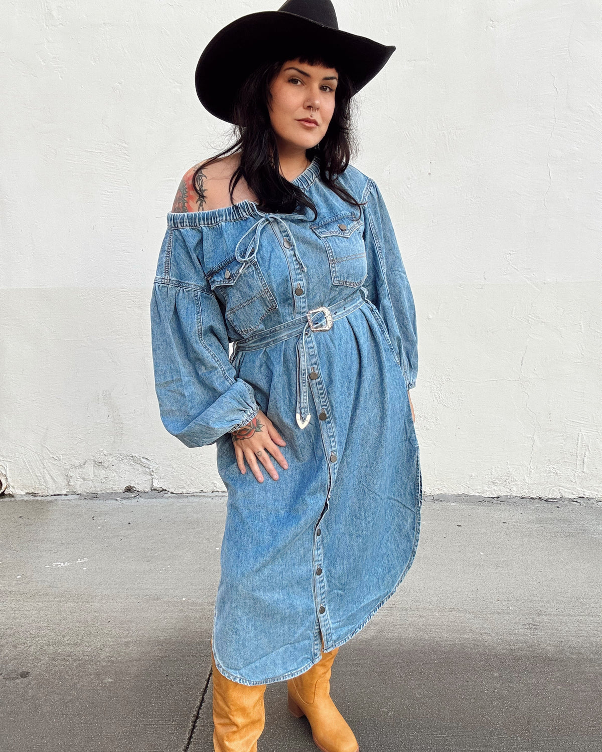 Off The Shoulder Denim Midi Dress - Burnout